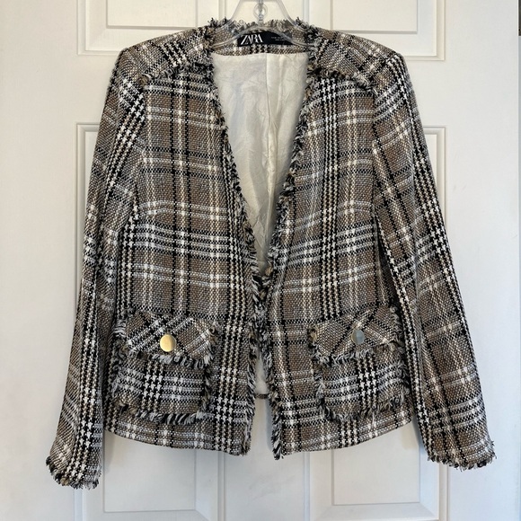 ZARA Tweed Frayed Plaid Blazer Cropped XS - Picture 2 of 16